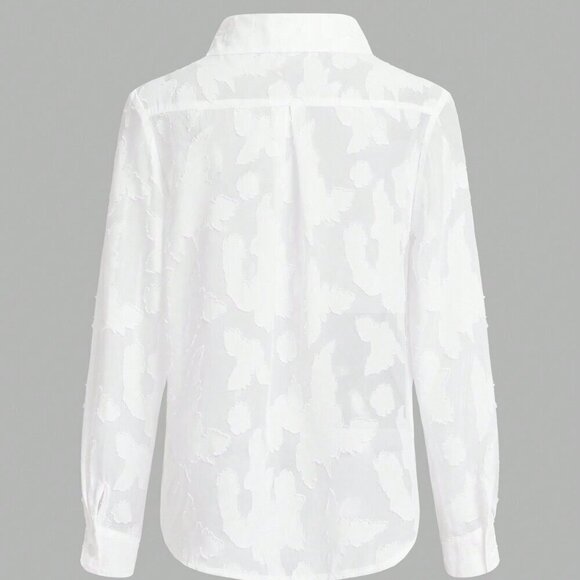 White Casual Women's Jacquard Button Front Solid Long Sleeve Shirt - Picture 3 of 6